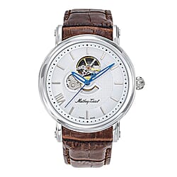 MATHEY TISSOT Skeleton Auto Automatic Landeron 24 5ATM WR Silver Dial - Silver Case Mens Watch with Brown Leather Strap