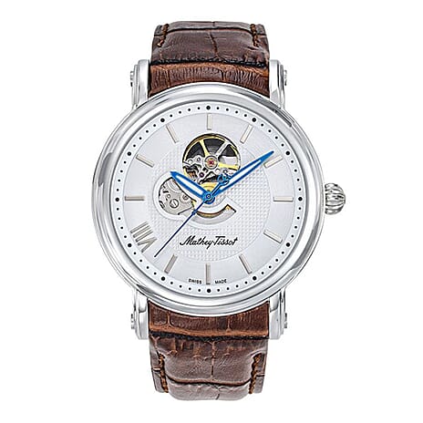 MATHEY TISSOT Skeleton Auto Automatic Landeron 24 5ATM WR Silver Dial - Silver Case Mens Watch with Brown Leather Strap