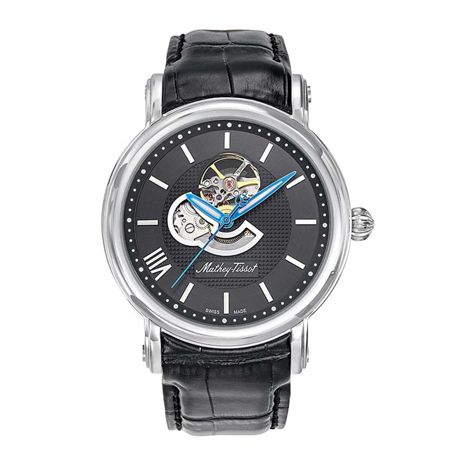 MATHEY TISSOT Skeleton Auto Automatic Landeron 24 5ATM WR Black Dial - Silver Case Mens Watch with Black Leather Strap