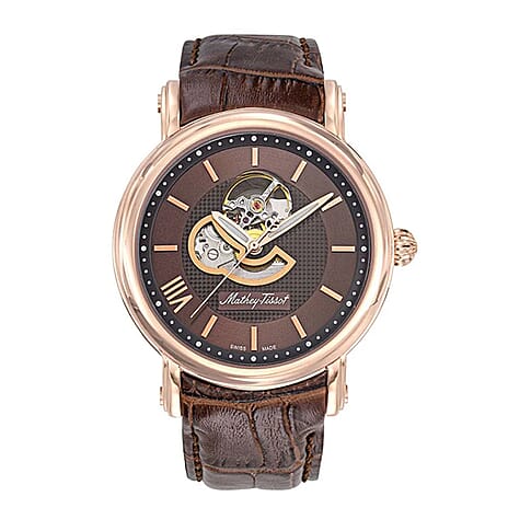 MATHEY TISSOT Skeleton Auto Automatic Landeron 24 5ATM WR Brown Dial - Rose Case Mens Watch with Brown Leather Strap