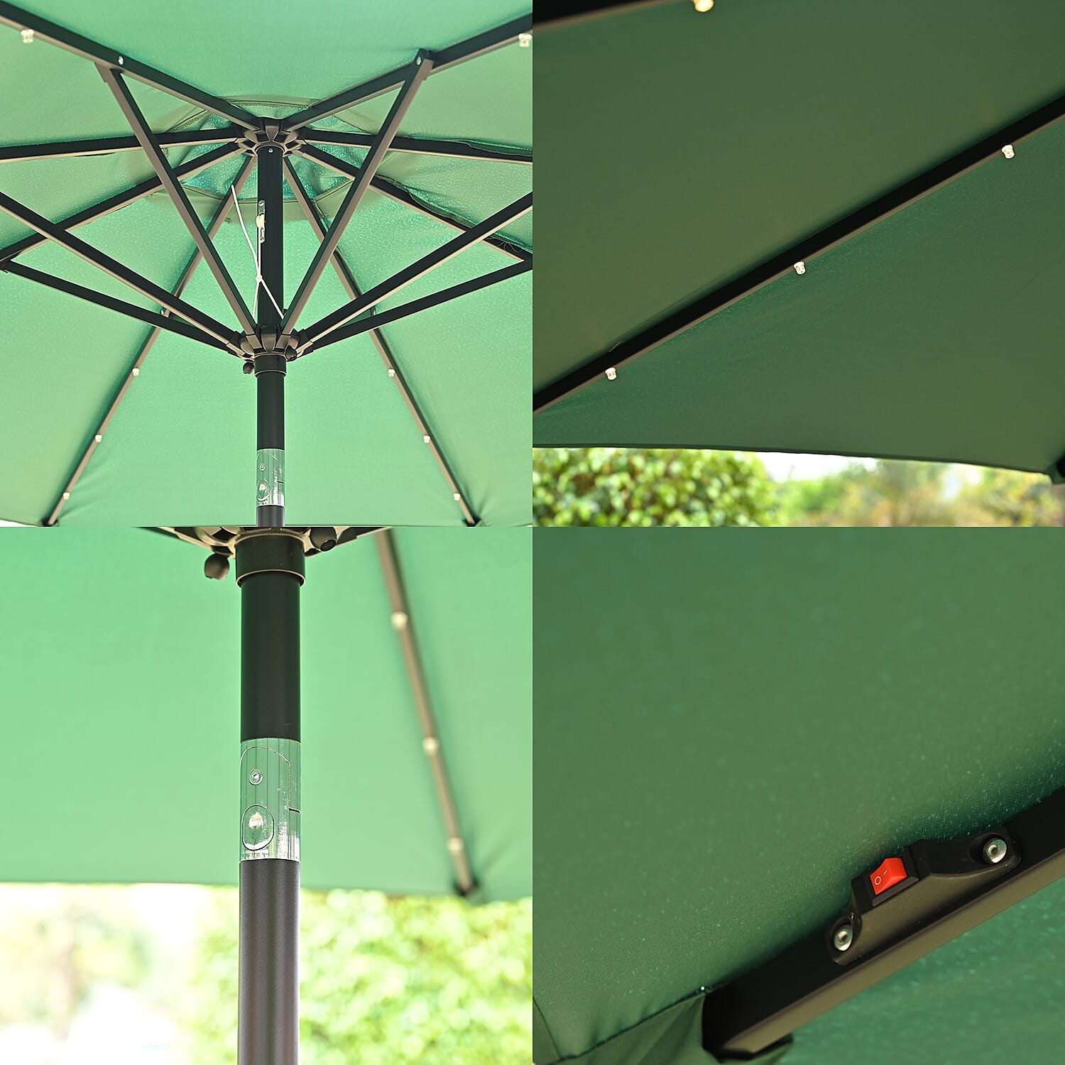 BB Designs LED Patio Umbrella - Solar Powered Warm White Light Parasol (2.7m) - Green - White