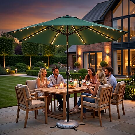 LED Garden Parasol with Tilt & Crank (2.7m) with 24 Warm Solar Light Beads UV30- protection with reflective, sun-cooling fabric  - Green