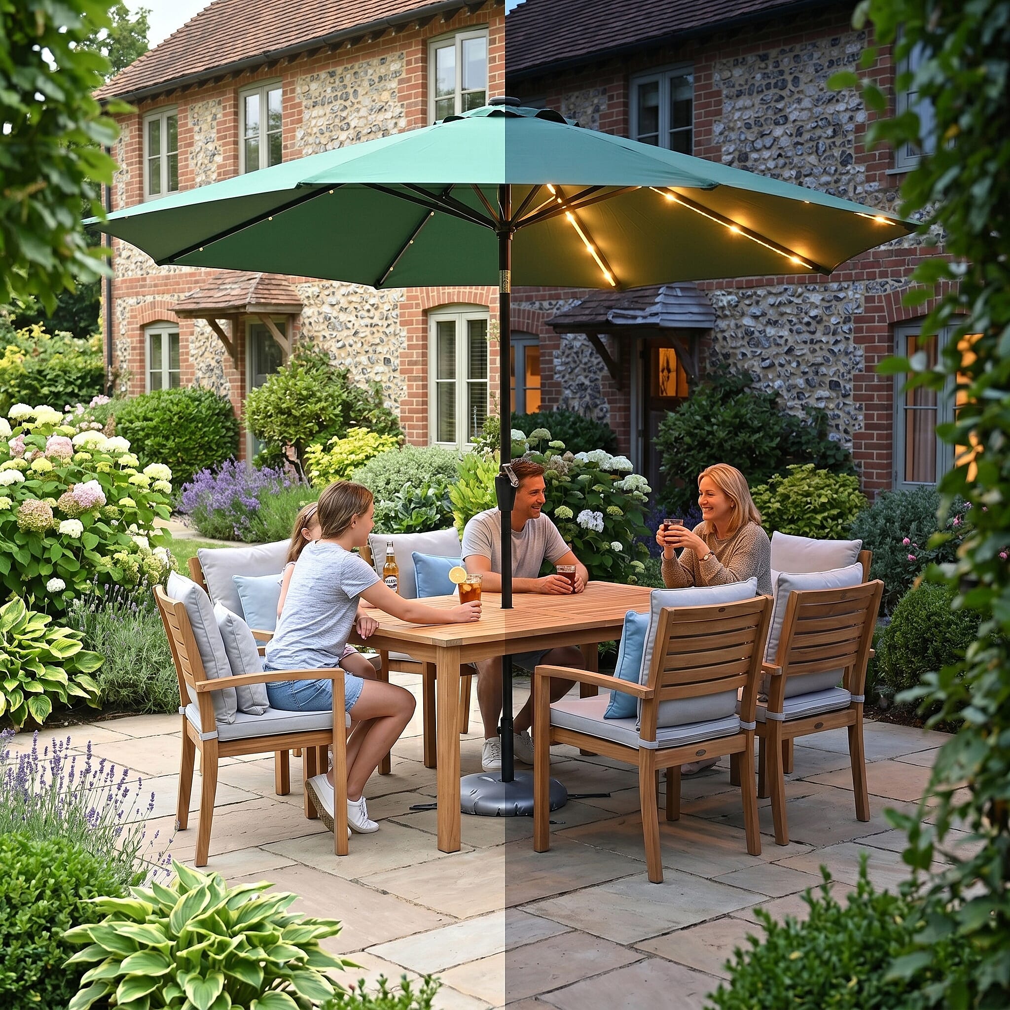 LED Garden Parasol with Tilt & Crank (2.7m) with 24 Warm Solar Light Beads UV30- protection with reflective, sun-cooling fabric  - Green