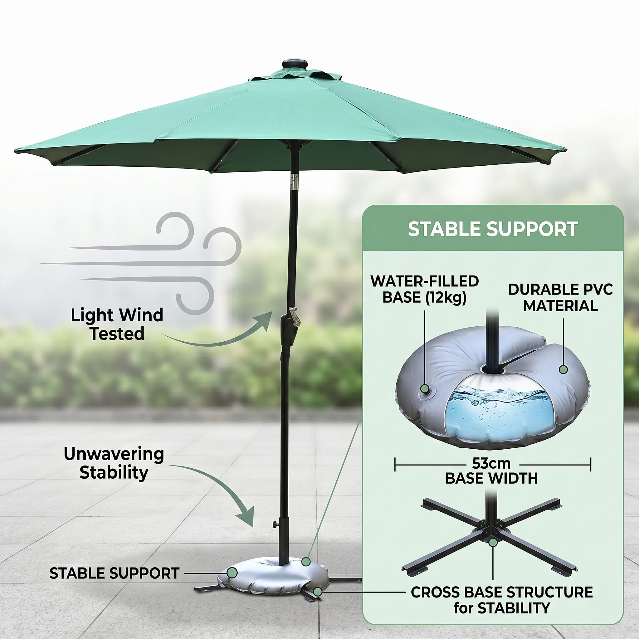 LED Garden Parasol with Tilt & Crank (2.7m) with 24 Warm Solar Light Beads UV30- protection with reflective, sun-cooling fabric  - Green