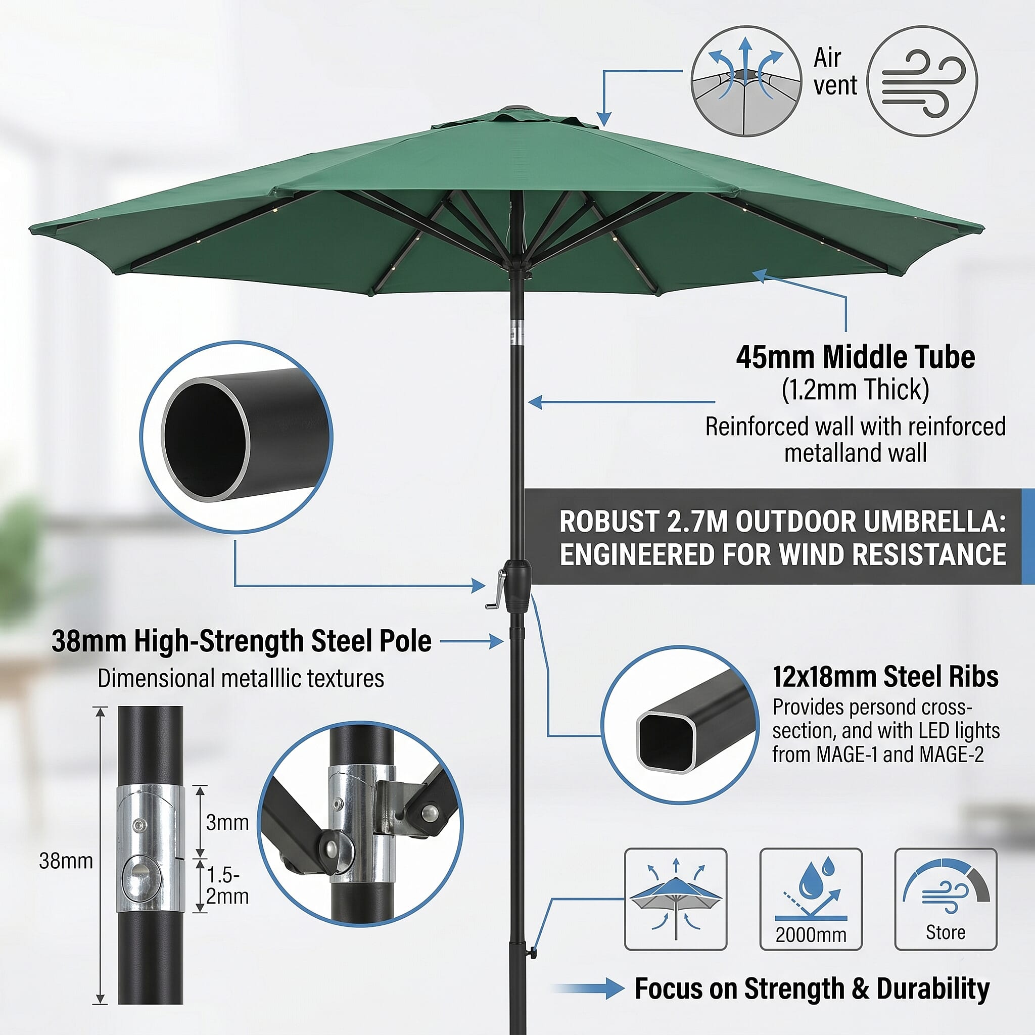 LED Garden Parasol with Tilt & Crank (2.7m) with 24 Warm Solar Light Beads UV30- protection with reflective, sun-cooling fabric  - Green