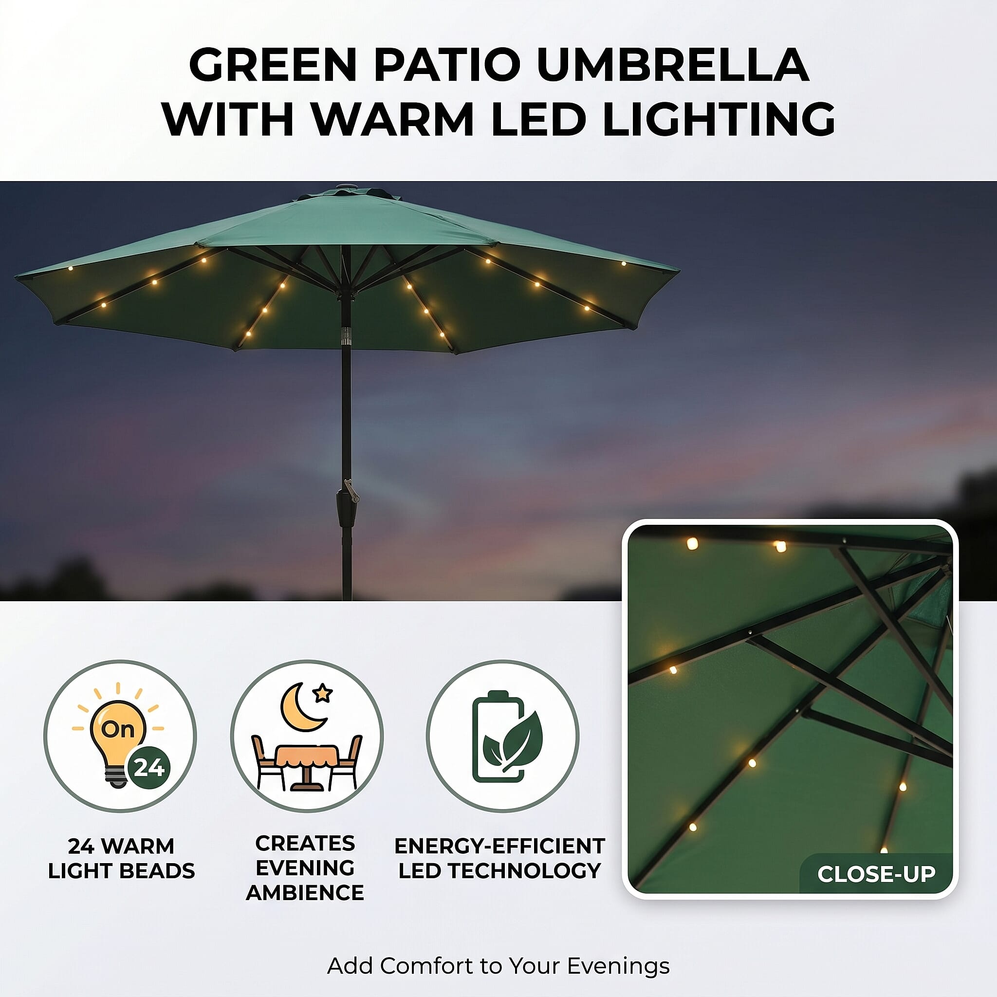 LED Garden Parasol with Tilt & Crank (2.7m) with 24 Warm Solar Light Beads UV30- protection with reflective, sun-cooling fabric  - Green