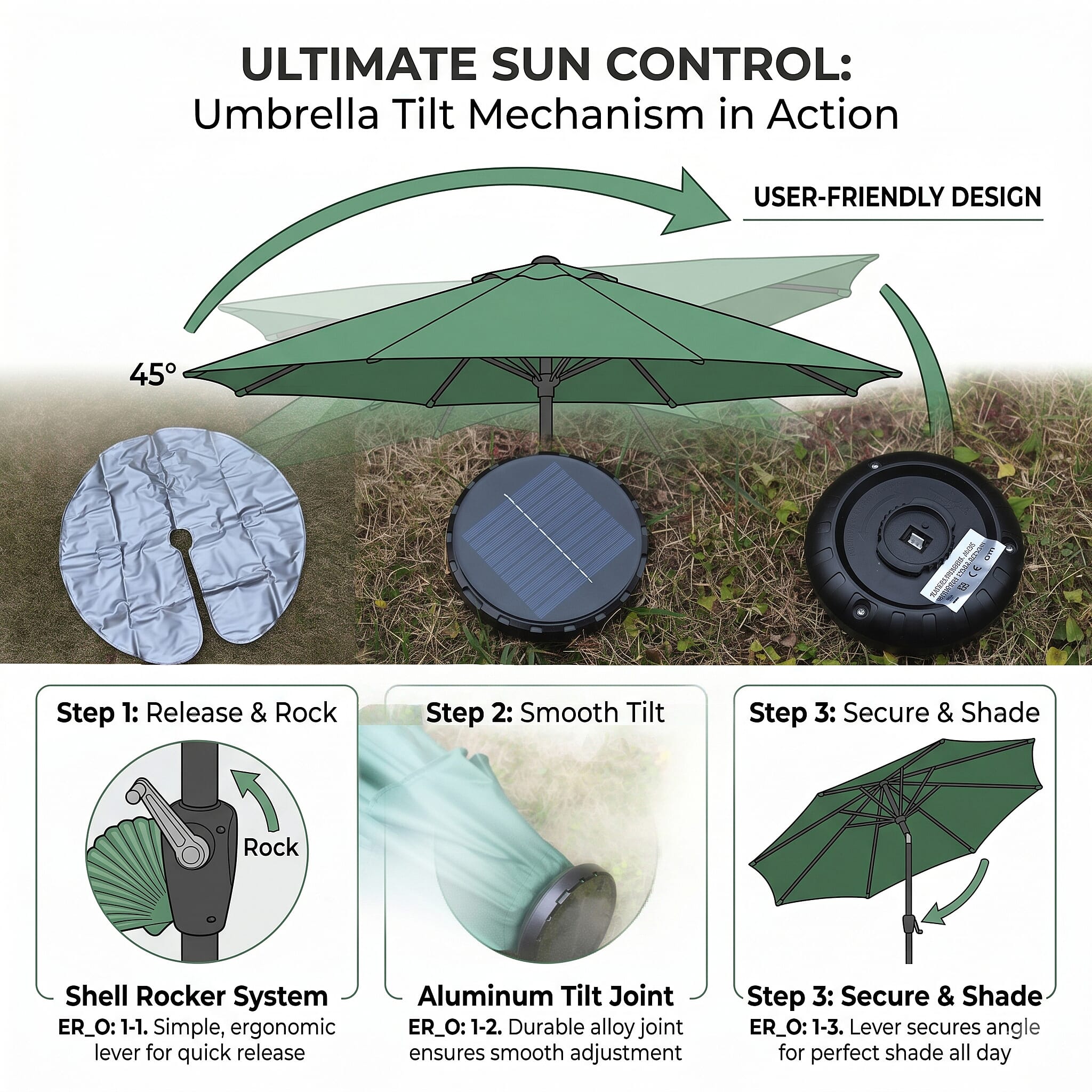 LED Garden Parasol with Tilt & Crank (2.7m) with 24 Warm Solar Light Beads UV30- protection with reflective, sun-cooling fabric  - Green