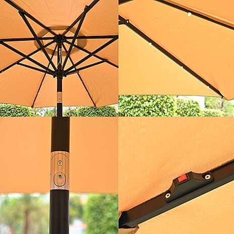 BB Designs LED Patio Umbrella - Solar Powered Warm White Light Parasol (2.7m) - Beige - White