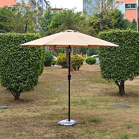 LED Garden Parasol with Tilt & Crank (2.7m) with 24 Warm Solar Light Beads UV30- protection with reflective, sun-cooling fabric  - Beige