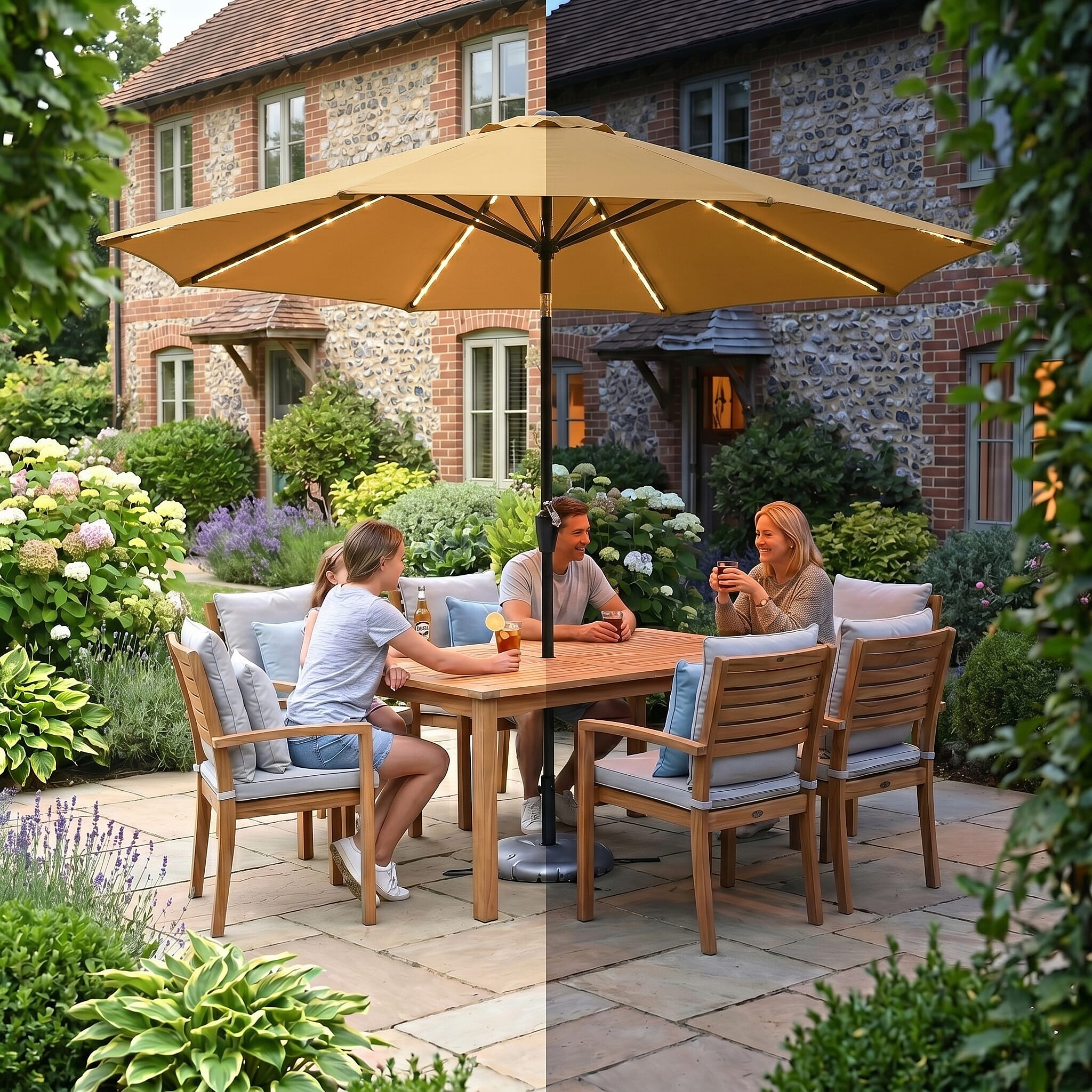LED Garden Parasol with Tilt & Crank (2.7m) with 24 Warm Solar Light Beads UV30- protection with reflective, sun-cooling fabric  - Beige