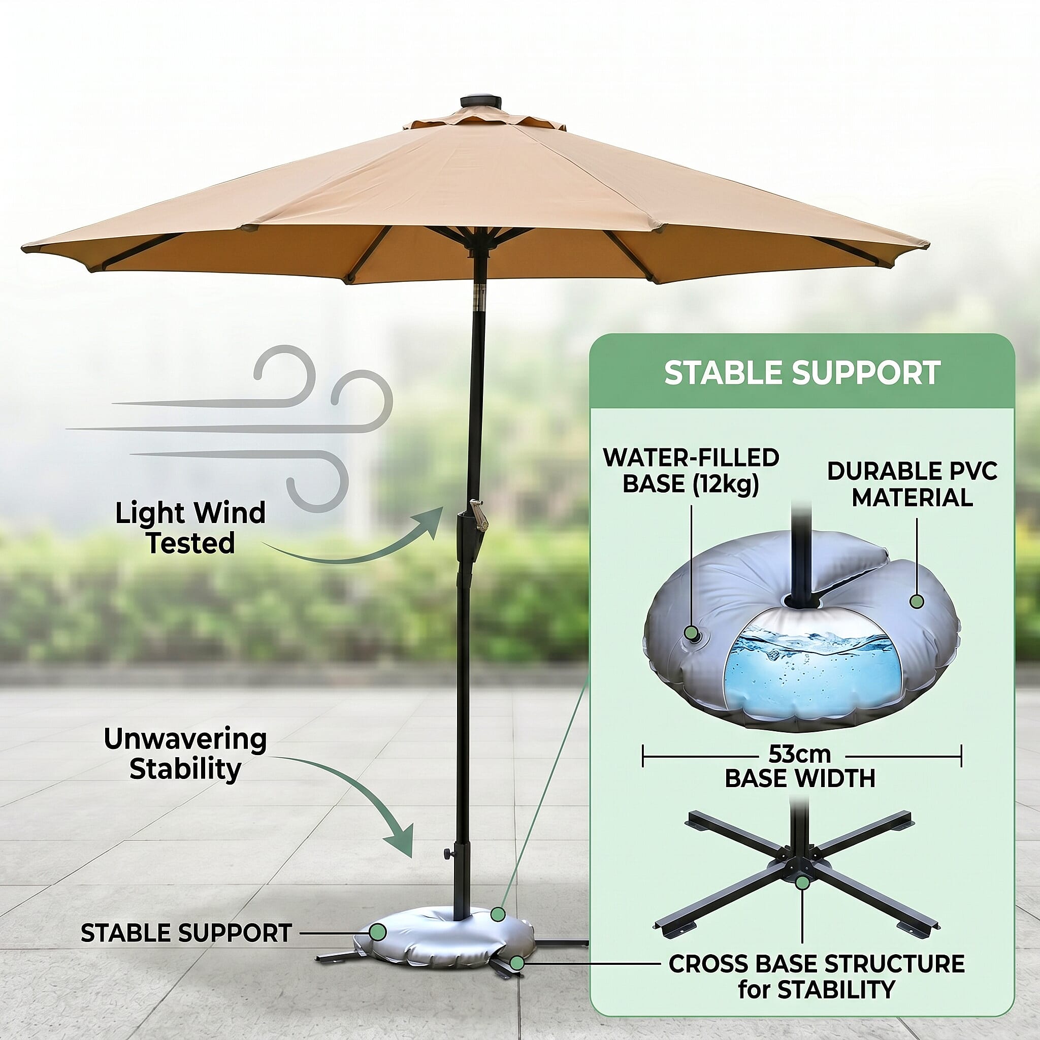 LED Garden Parasol with Tilt & Crank (2.7m) with 24 Warm Solar Light Beads UV30- protection with reflective, sun-cooling fabric  - Beige
