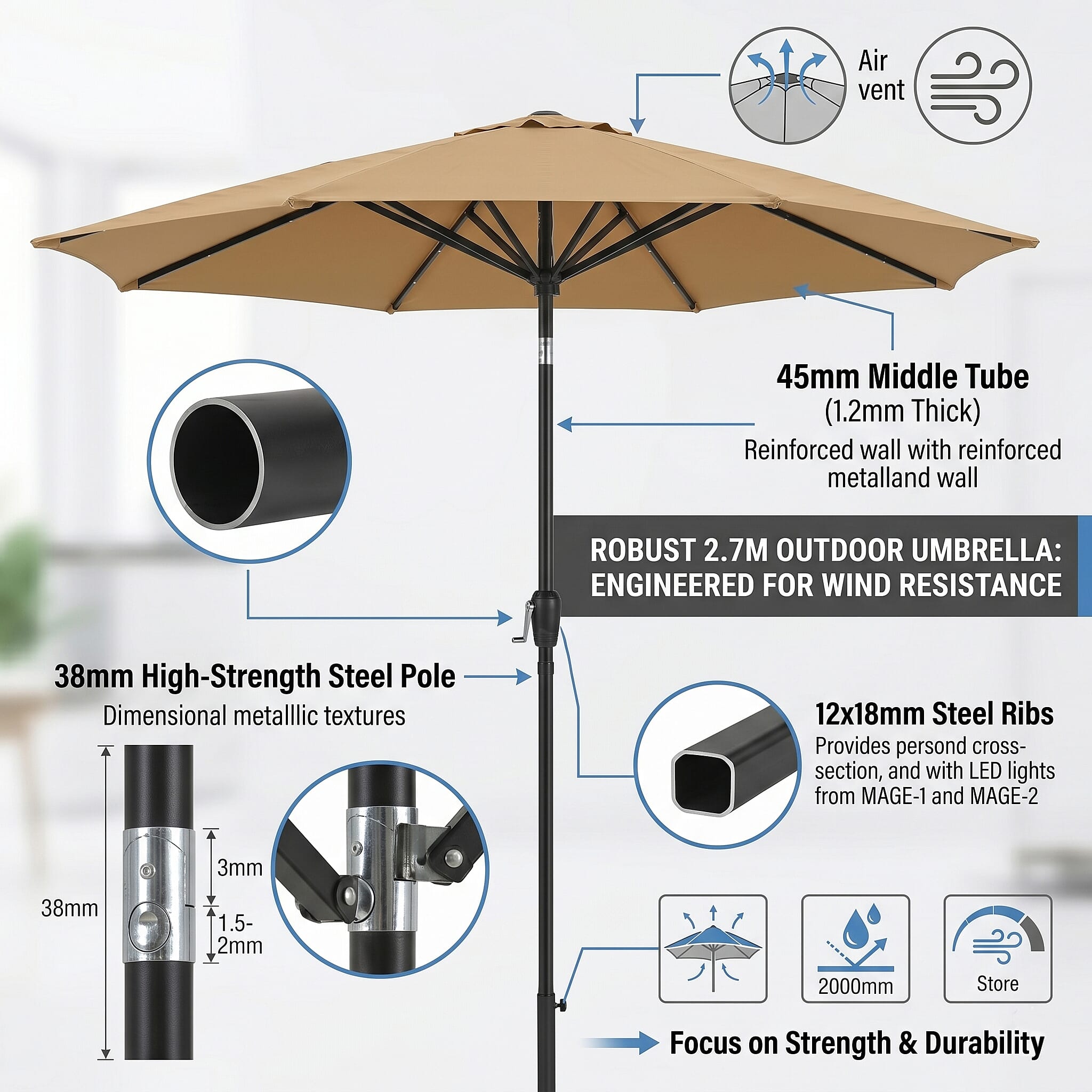 LED Garden Parasol with Tilt & Crank (2.7m) with 24 Warm Solar Light Beads UV30- protection with reflective, sun-cooling fabric  - Beige