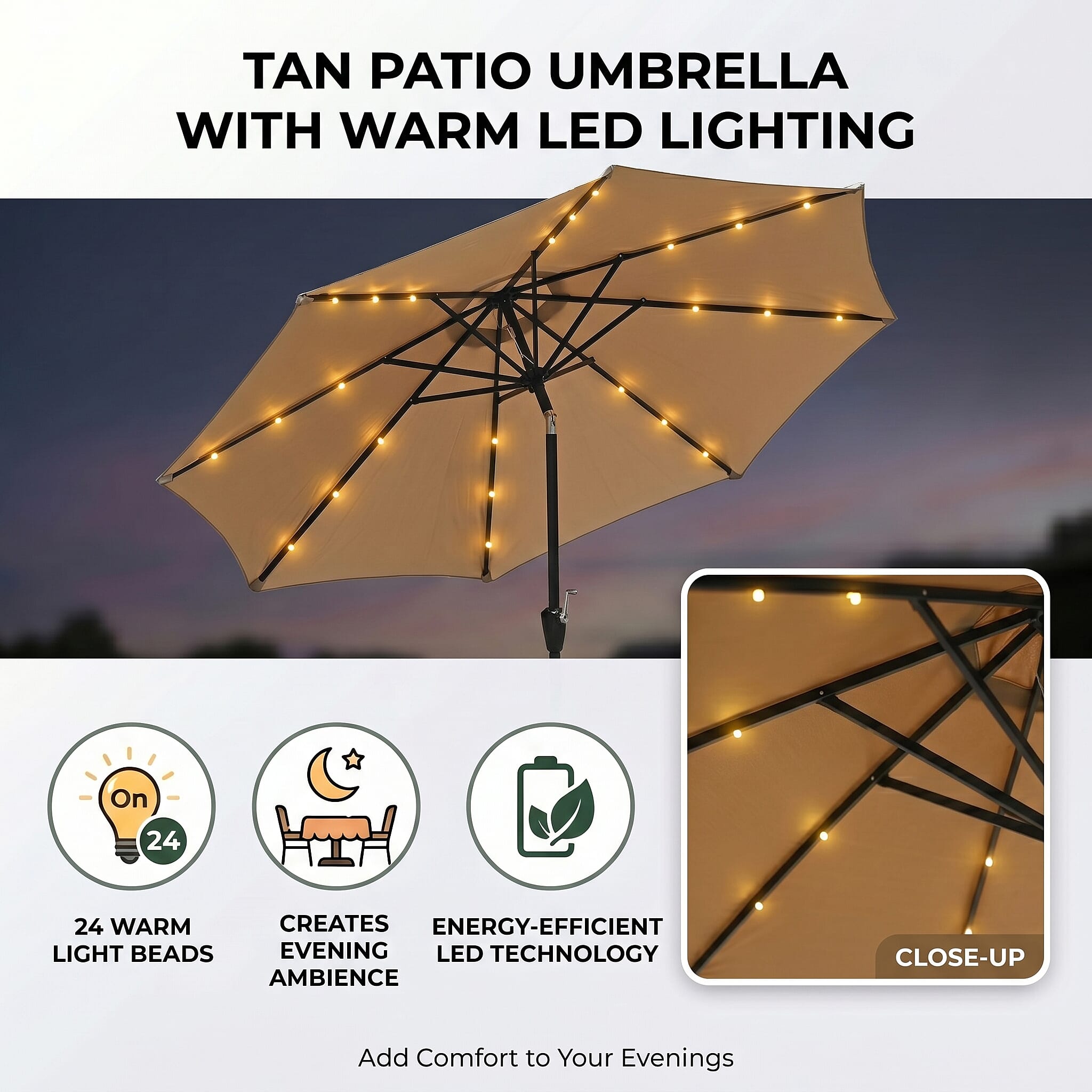 LED Garden Parasol with Tilt & Crank (2.7m) with 24 Warm Solar Light Beads UV30- protection with reflective, sun-cooling fabric  - Beige