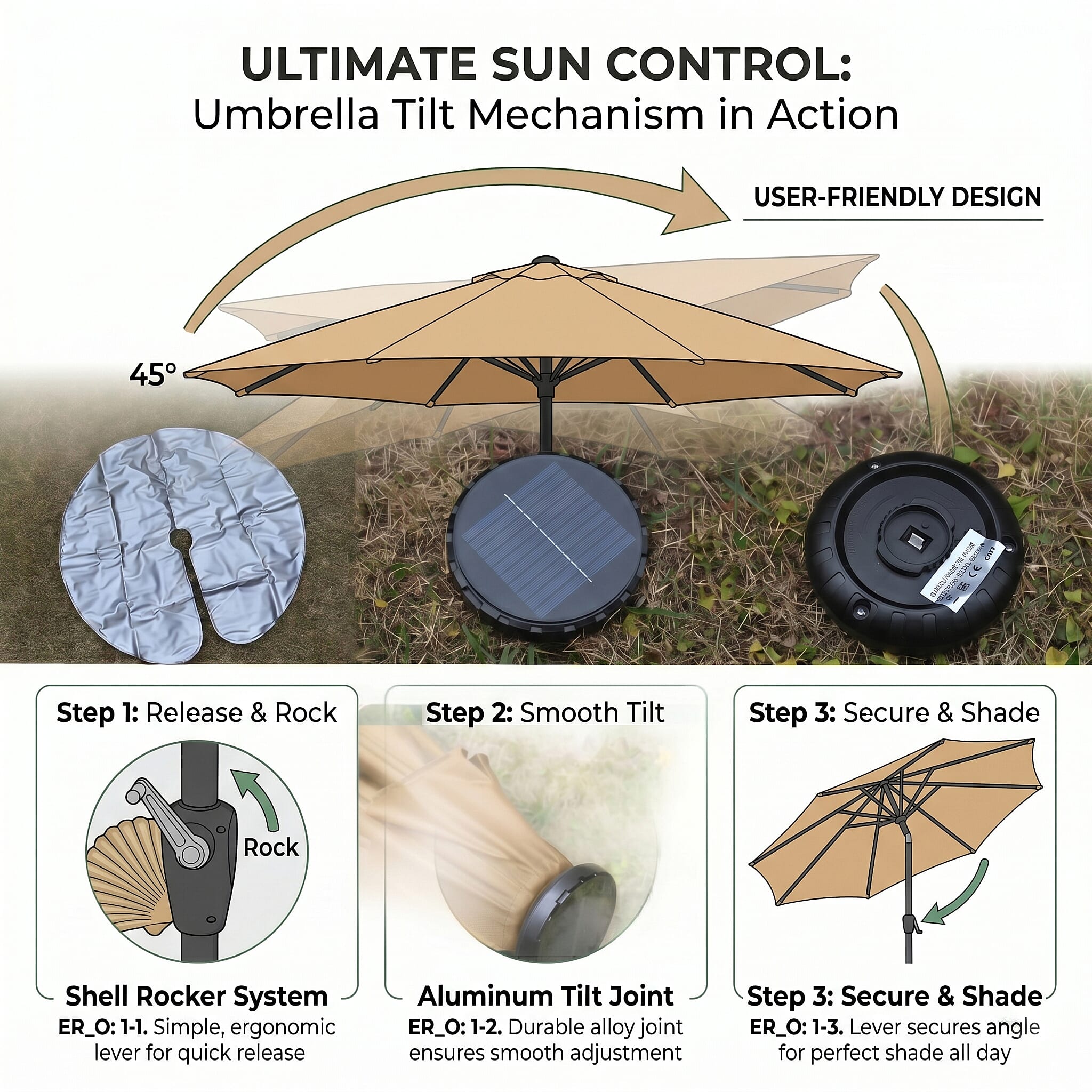 LED Garden Parasol with Tilt & Crank (2.7m) with 24 Warm Solar Light Beads UV30- protection with reflective, sun-cooling fabric  - Beige