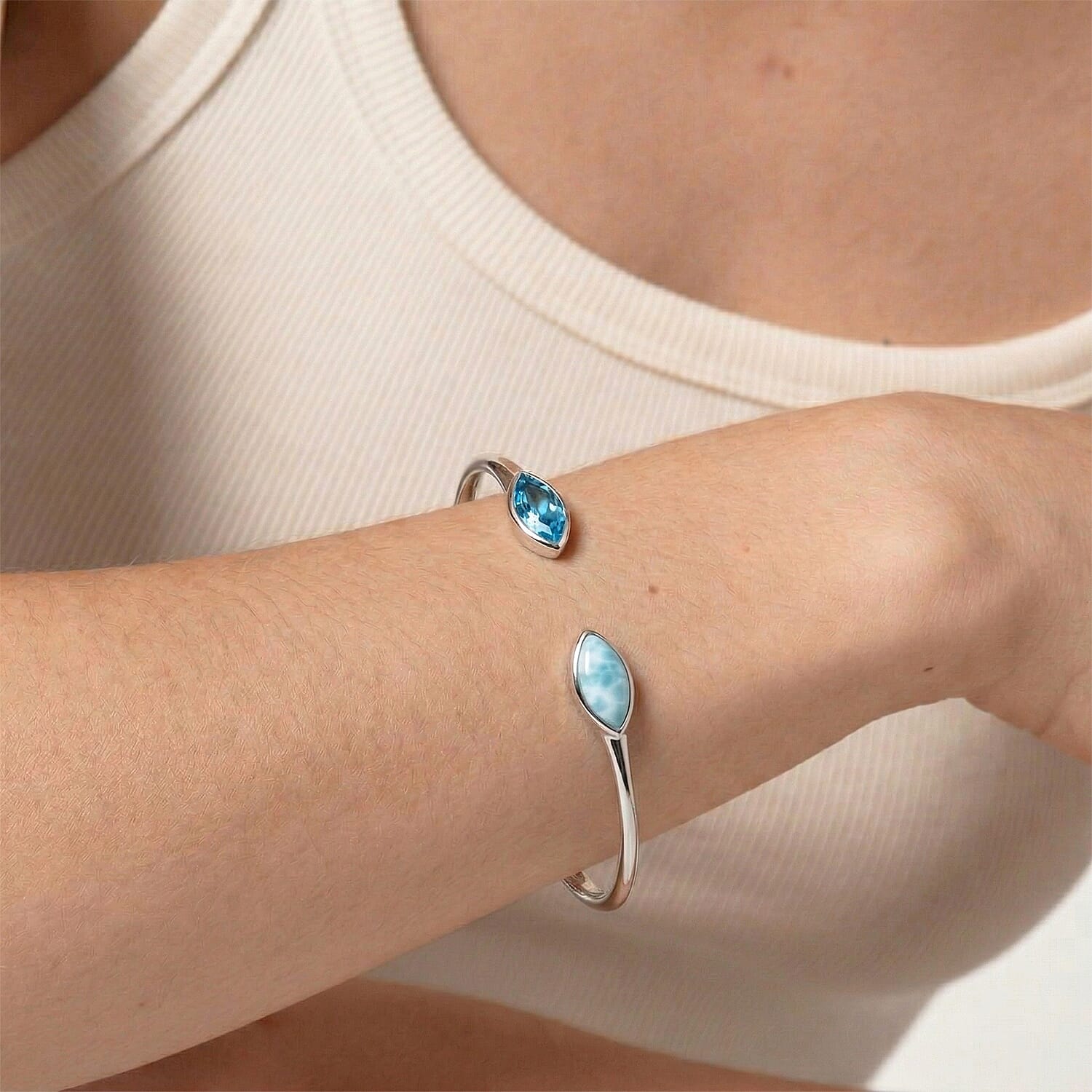 Sajen Silver - Larimar & Celestial Swiss Blue Mystic Quartz Bangle (Size 7.5) in Rhodium Overlay Sterling Silver