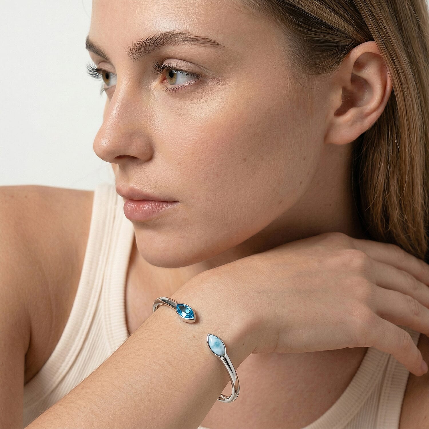 Sajen Silver - Larimar & Celestial Swiss Blue Mystic Quartz Bangle (Size 7.5) in Rhodium Overlay Sterling Silver