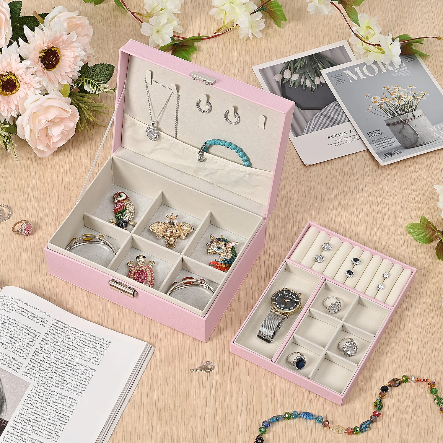 2 Layer Jewelry Box With Lock And Key - Pink