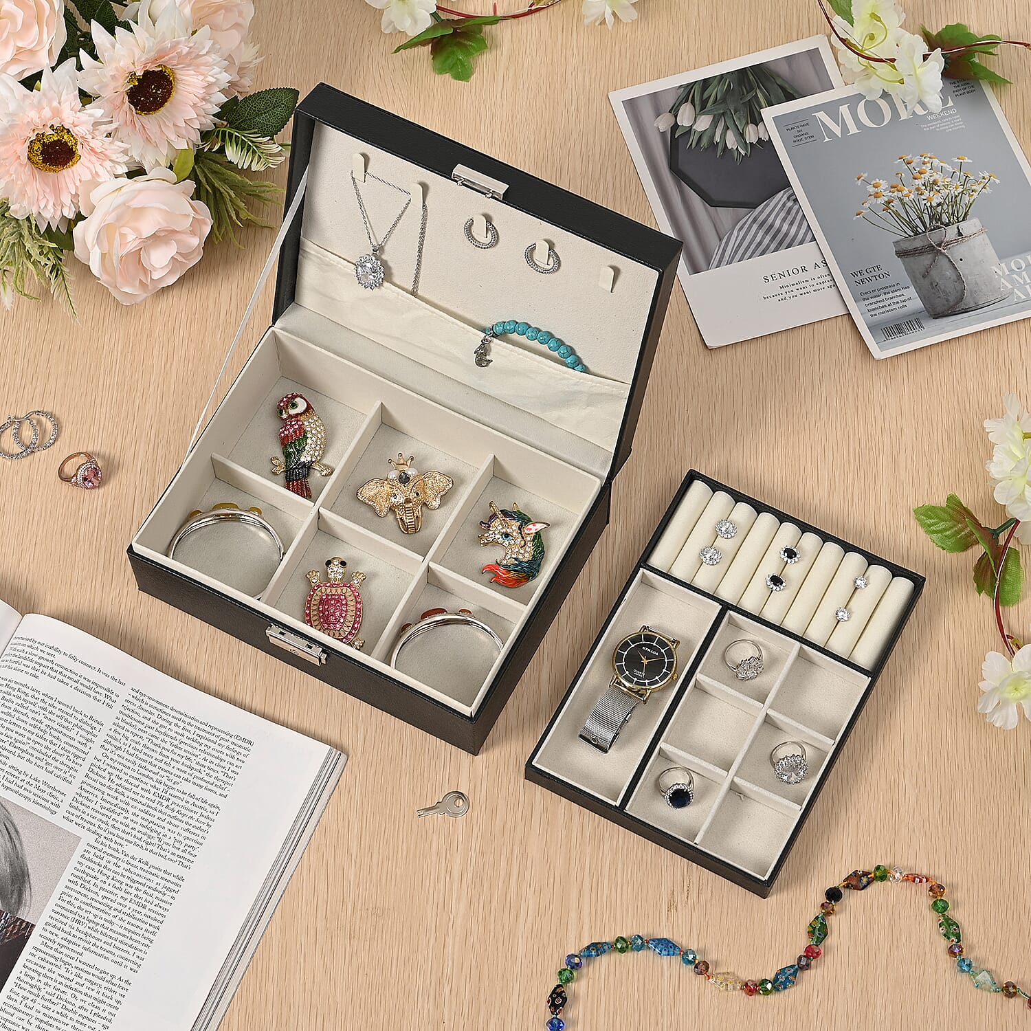 2 Layer Jewelry Box with Lock & Key - Black