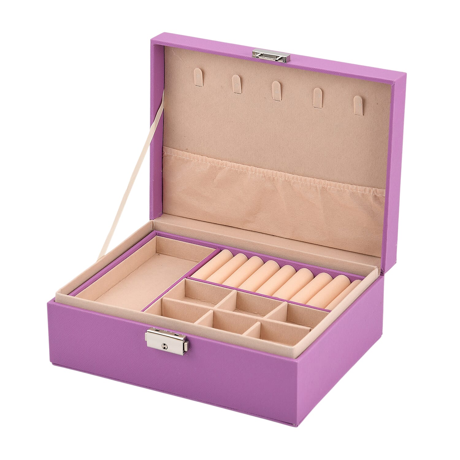 2 Layers Jewellery Box, Elegant Jewellery Organiser With Lock And Key - Purple