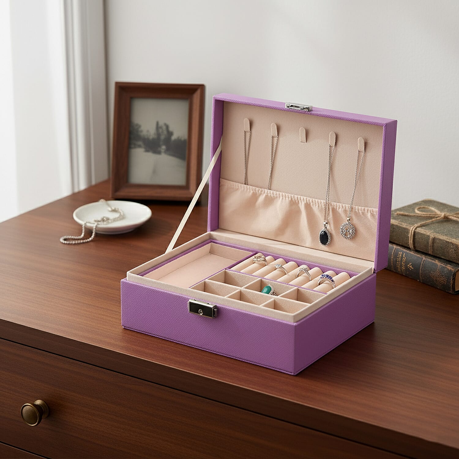 2 Layers Jewellery Box, Elegant Jewellery Organiser With Lock And Key - Purple