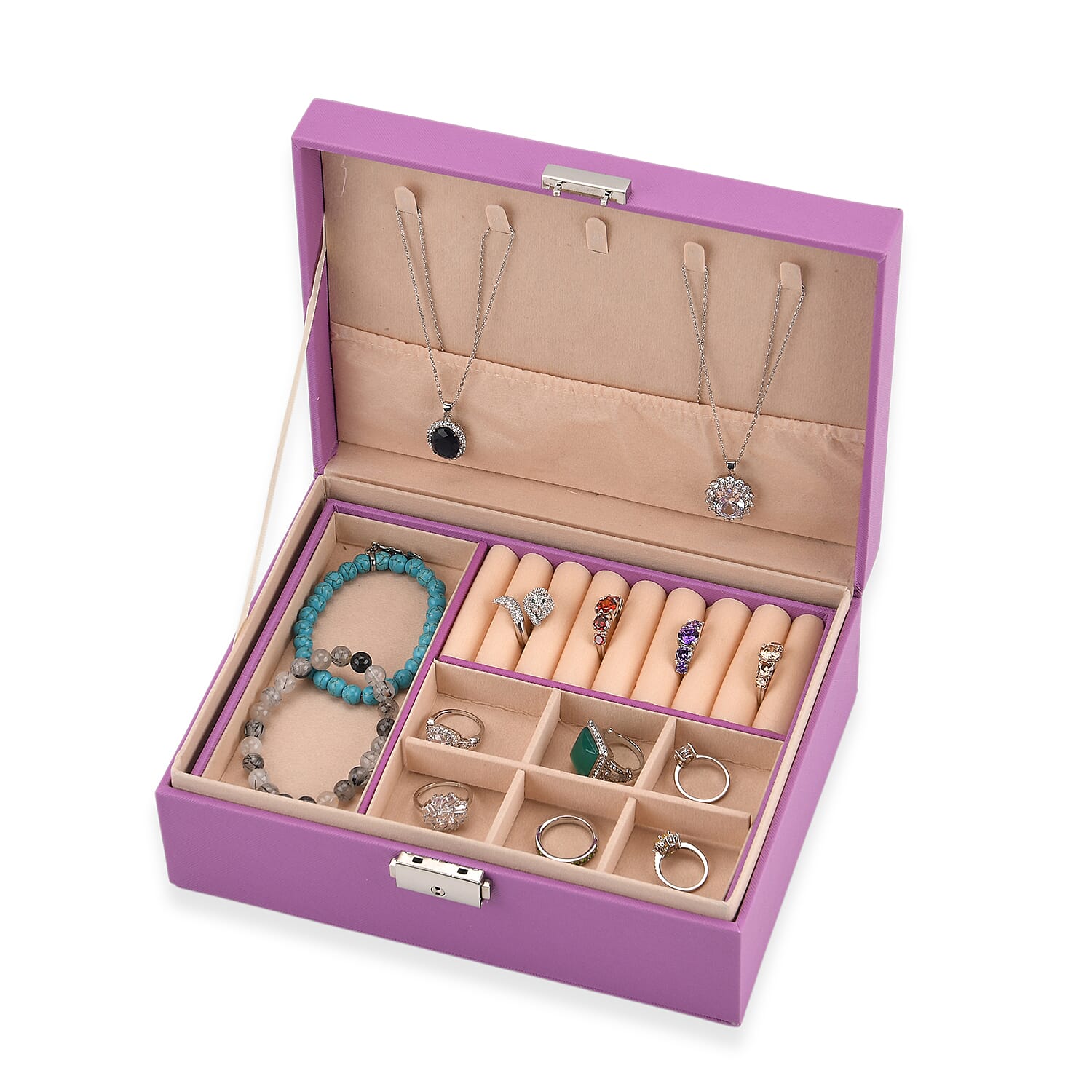 2 Layers Jewellery Box, Elegant Jewellery Organiser With Lock And Key - Purple