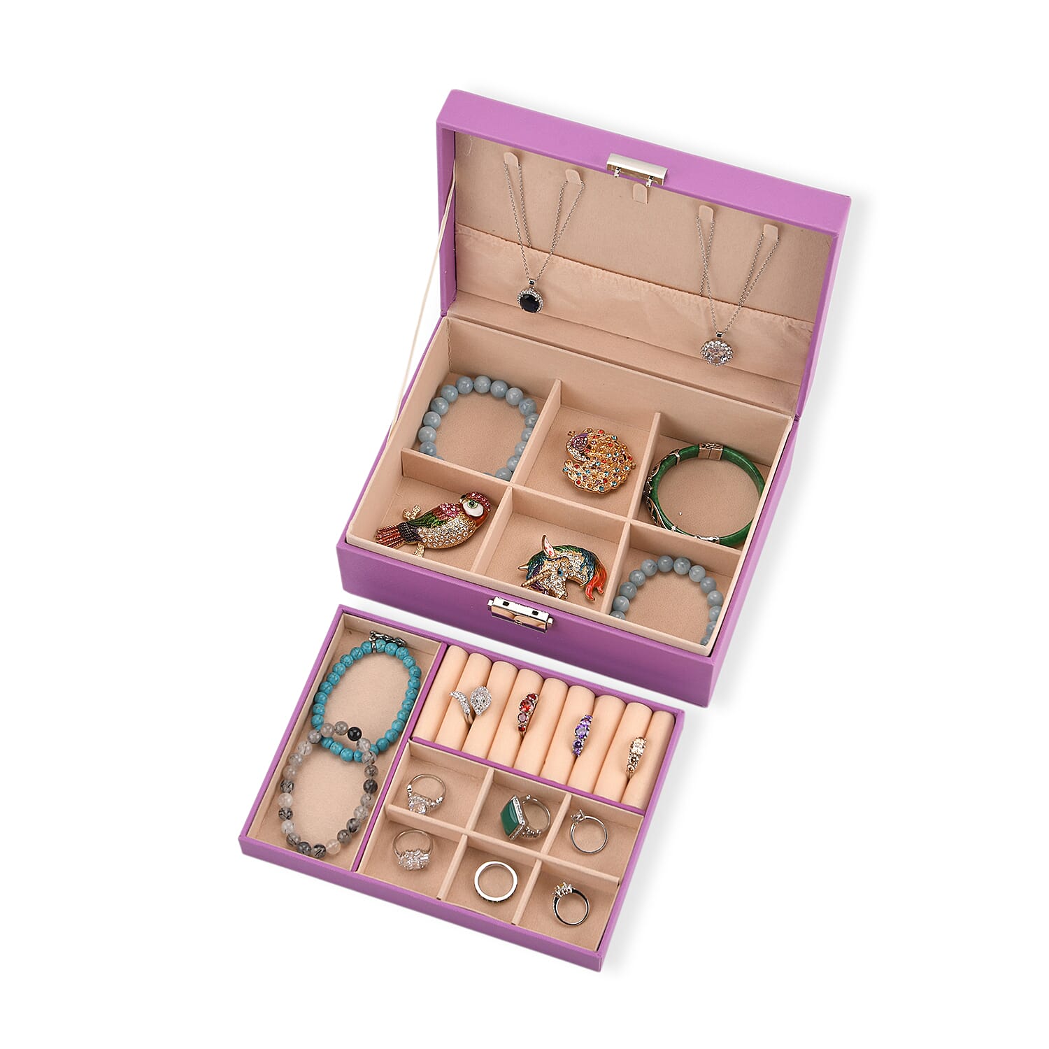 2 Layers Jewellery Box, Elegant Jewellery Organiser With Lock And Key - Purple