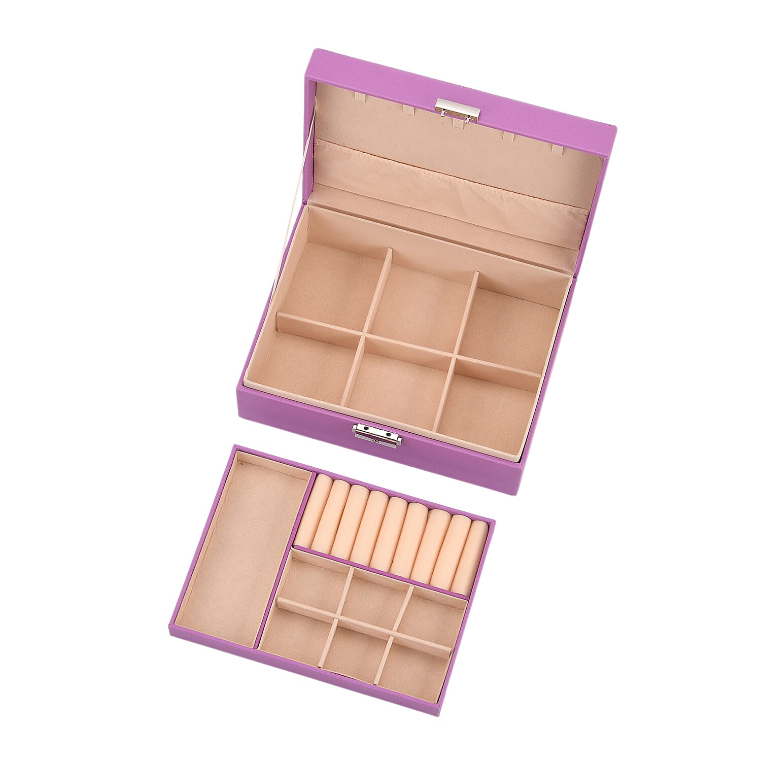 2 Layers Jewellery Box, Elegant Jewellery Organiser With Lock And Key - Purple