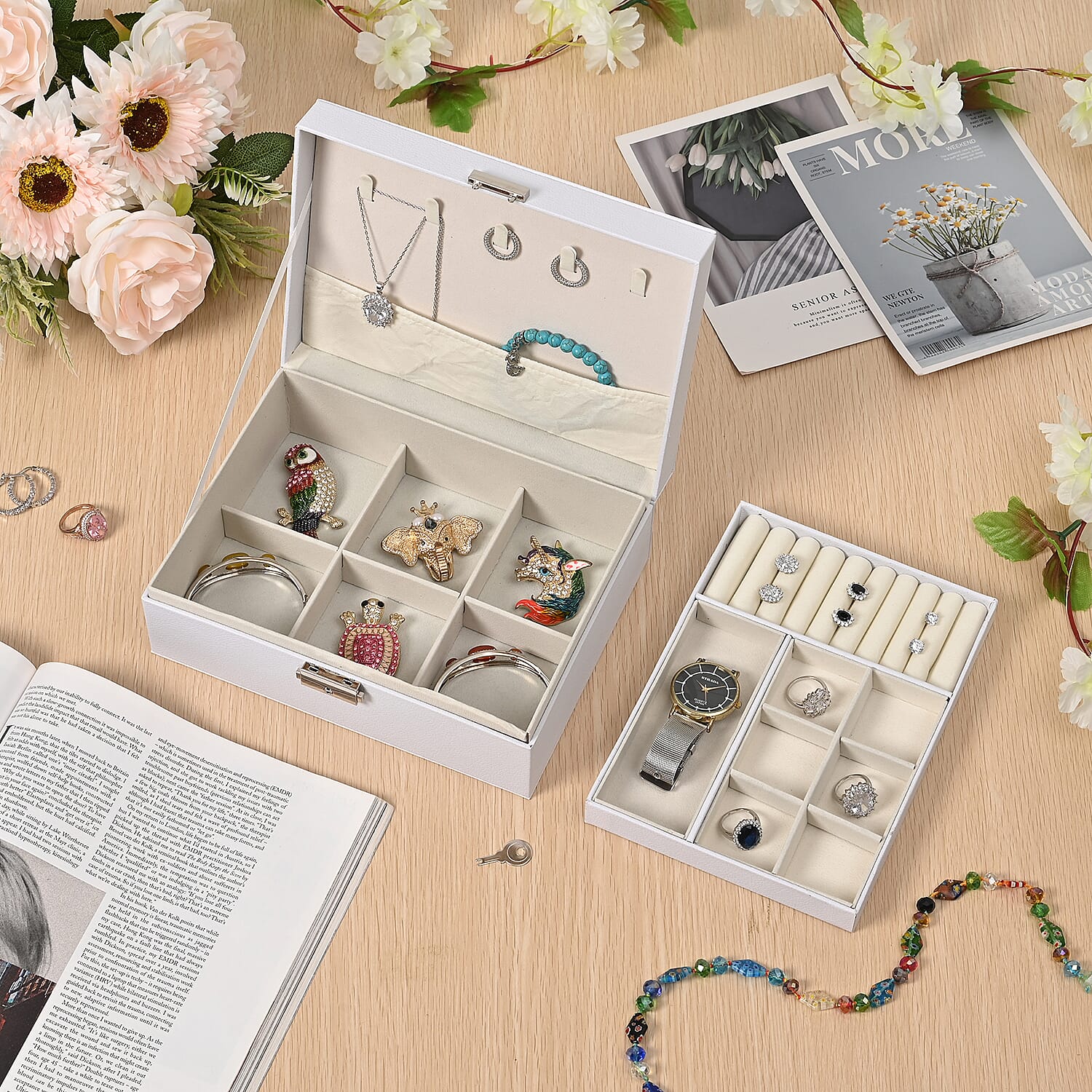 2 Layers Jewellery Box, Elegant Jewellery Organiser With Lock And Key - White