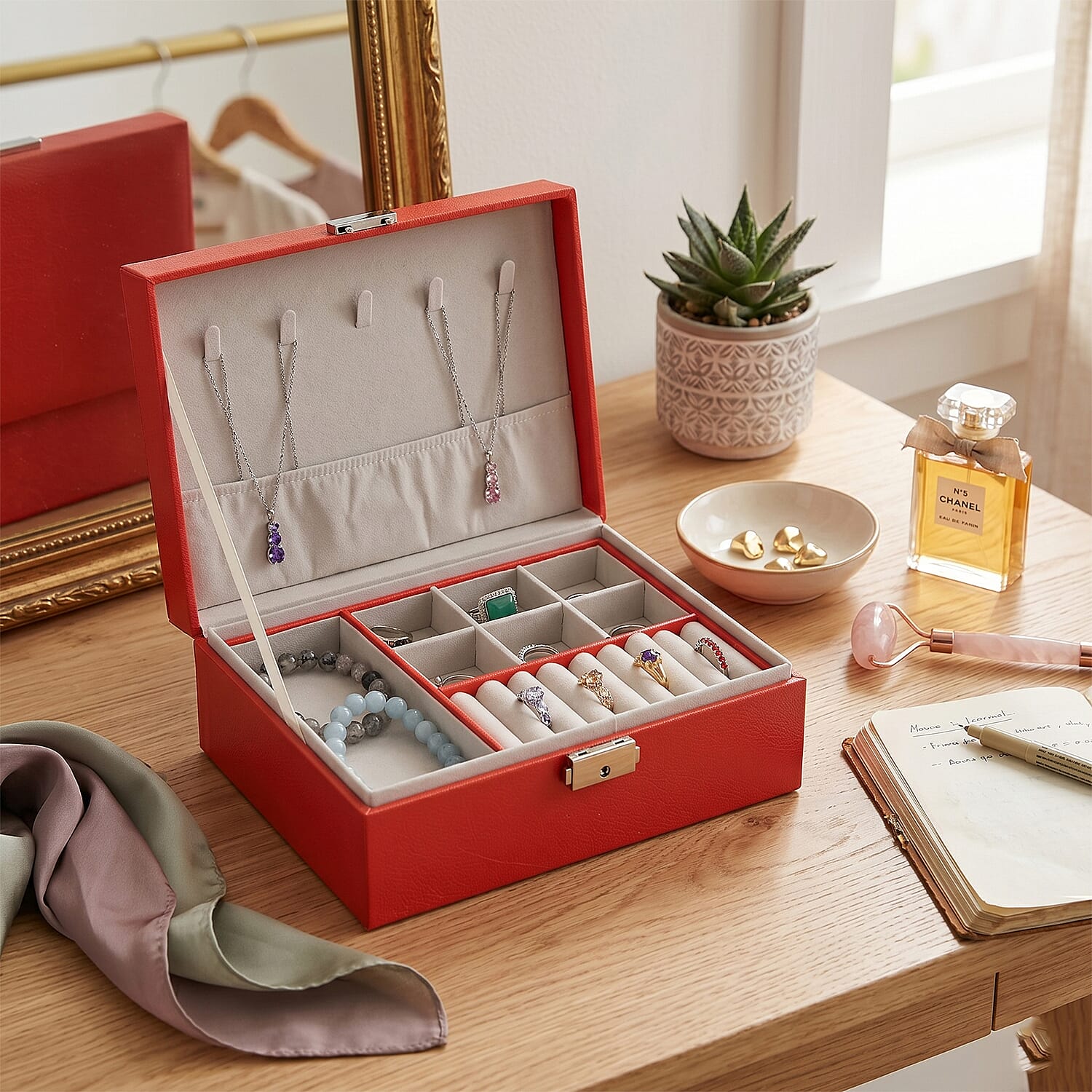 Patterned Jewellery Box (Size 22x17x8 cm) - Red & White