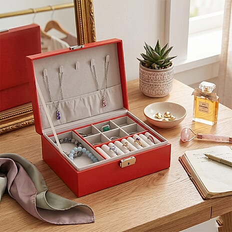 2 Layers Jewellery Box, Elegant Jewellery Organiser With Lock And Key - Red