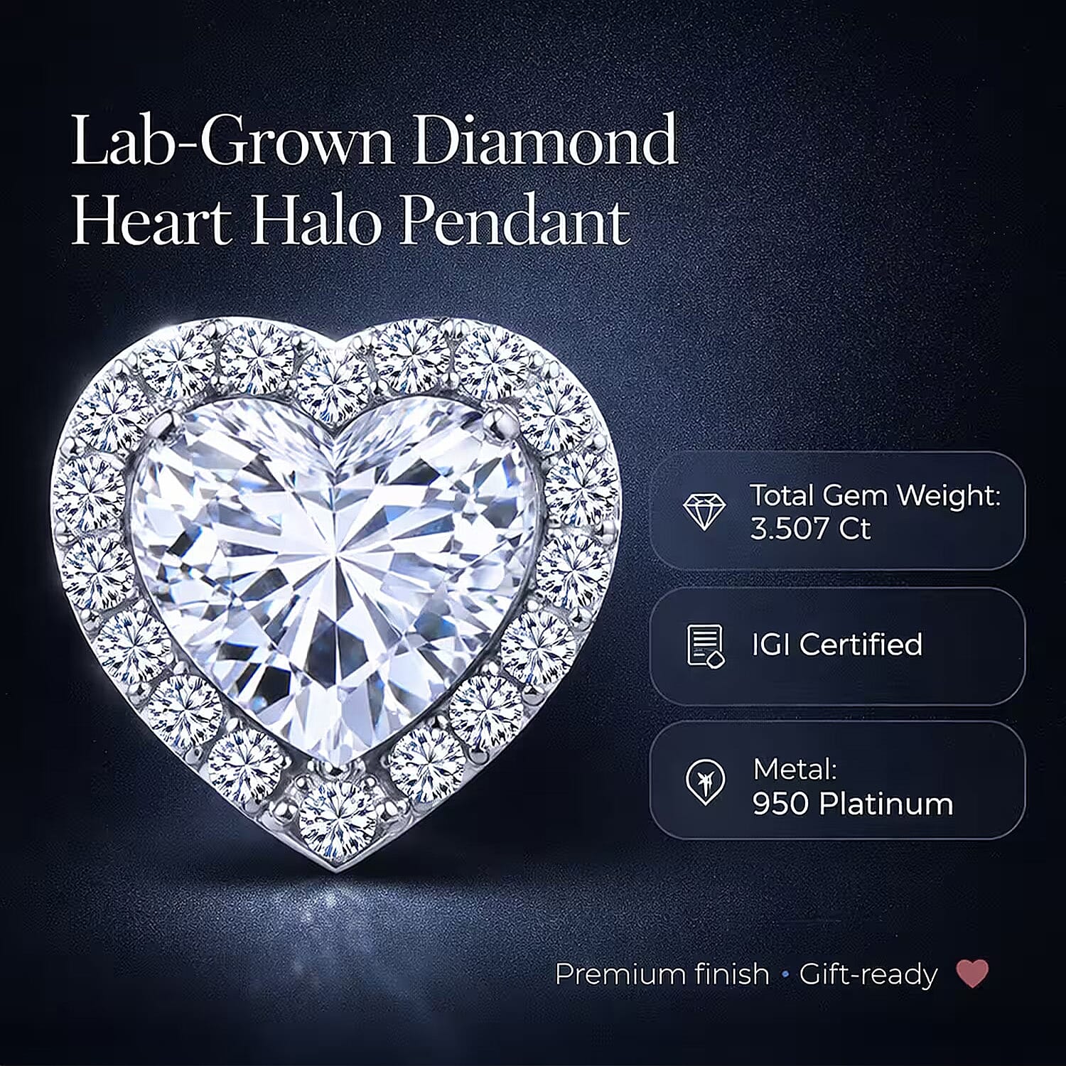 Valentine Special Gift Deal- Luxuriant 950 Platinum IGI Certified Lab Grown Diamond (VS-EF) Heart Pendant 3.51 Ct