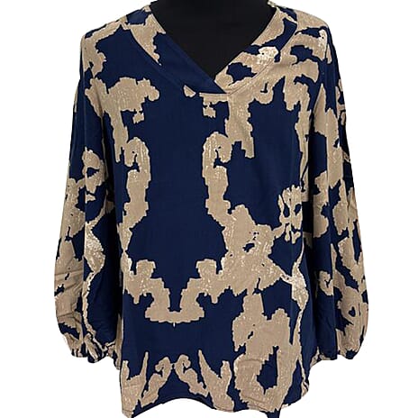 Closeout Deal- V-Neck Printed Balloon Sleeve Top (Size M) - Dark Blue