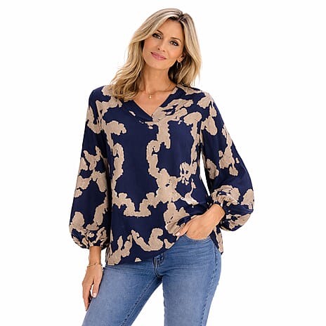 Closeout Deal- V-Neck Printed Balloon Sleeve Top (Size L) - Dark Blue