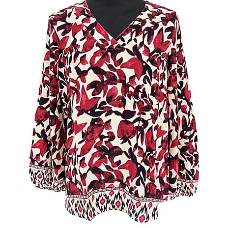 Closeout Deal- V-Neck Printed Balloon Sleeve Top (Size L) - Dark Red