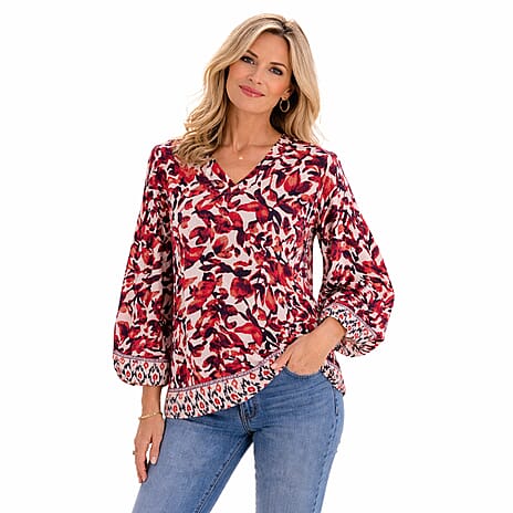 Closeout Deal- V-Neck Printed Balloon Sleeve Top (Size XL) - Dark Red
