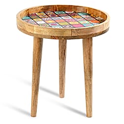 Wooden Multi-Colour Enamelled Flower Mosaic Round End Coffee Table (45 x 45cm) - White & Red