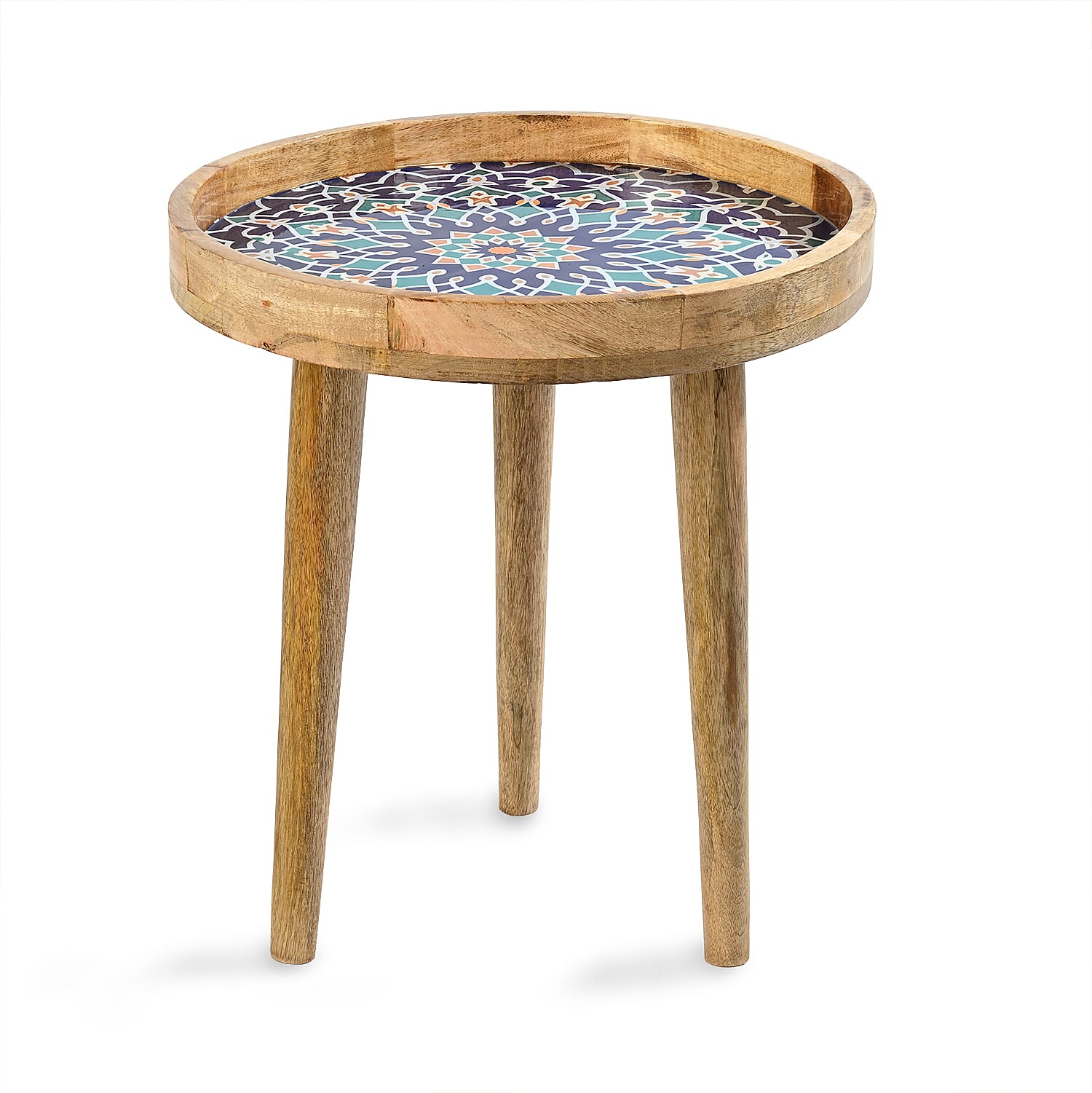 Wooden Multi-Colour Mosaic Enamelled Round End Coffee Table (45 x 45cm) - Blue