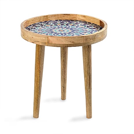 Wooden Multi-Colour Mosaic Enamelled Round End Coffee Table (45 x 45cm) - Blue
