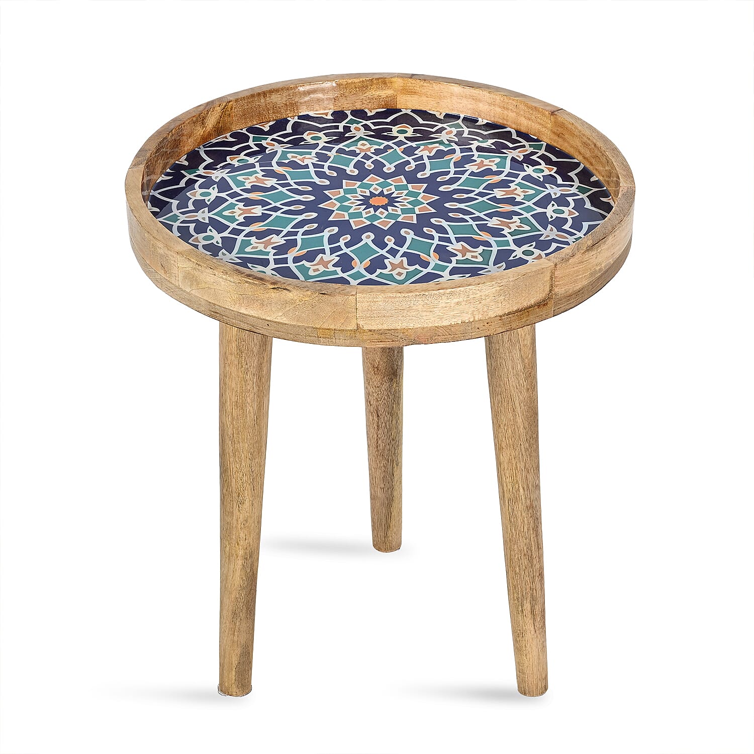 Wooden Multi-Colour Mosaic Enamelled Round End Coffee Table (45 x 45cm) - Blue