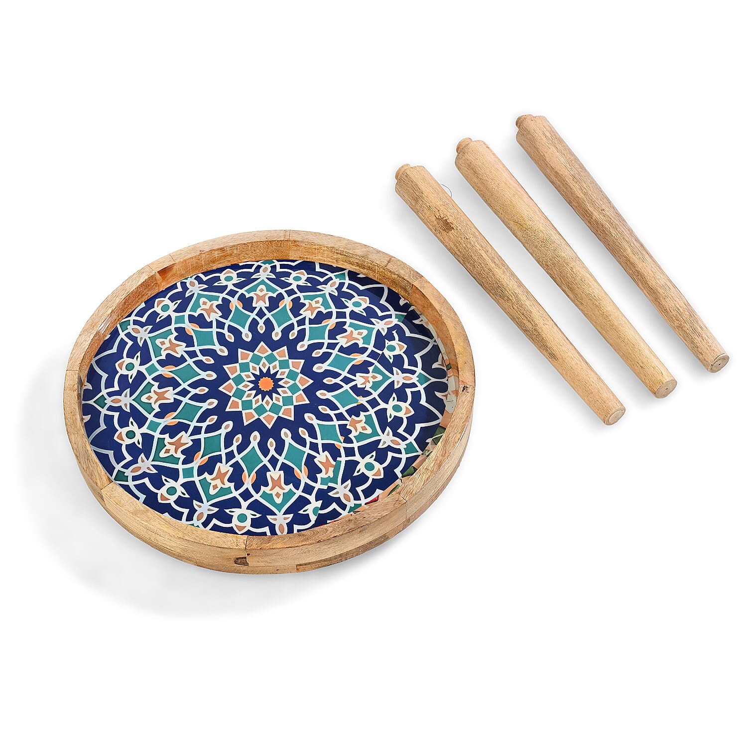 Wooden Multi-Colour Mosaic Enamelled Round End Coffee Table (45 x 45cm) - Blue