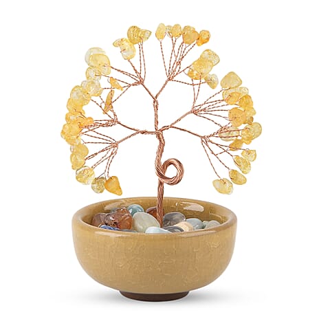 Feng Shui Citrine Crystal Money Tree Ornament with Ceramic Pot(11cm) - Yellow