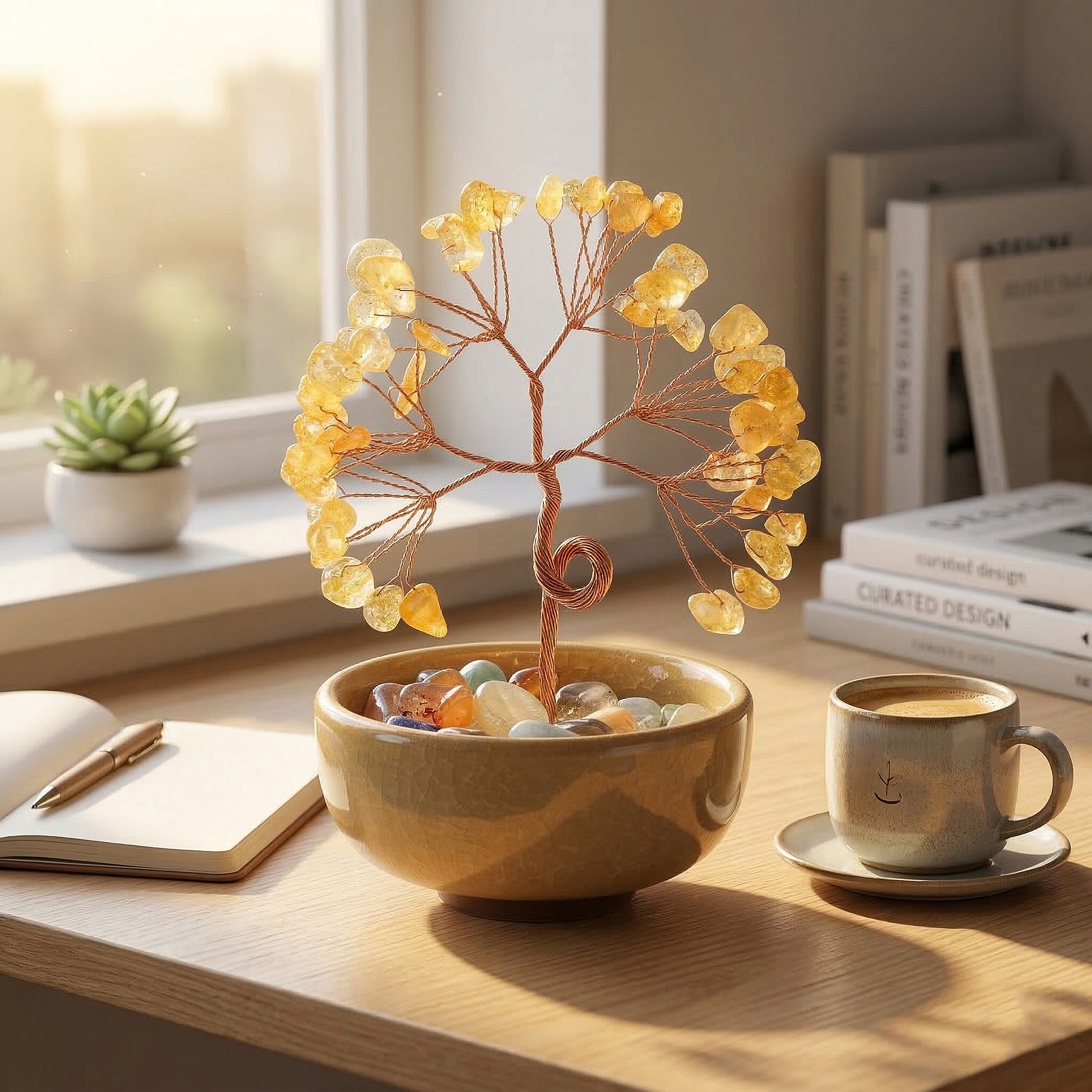 Feng Shui Citrine Crystal Money Tree Ornament with Ceramic Pot(11cm) - Yellow