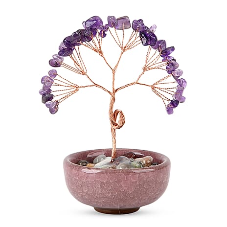 Feng Shui Amethyst Crystal Money Tree Ornament with Ceramic Pot(11cm) - Purple
