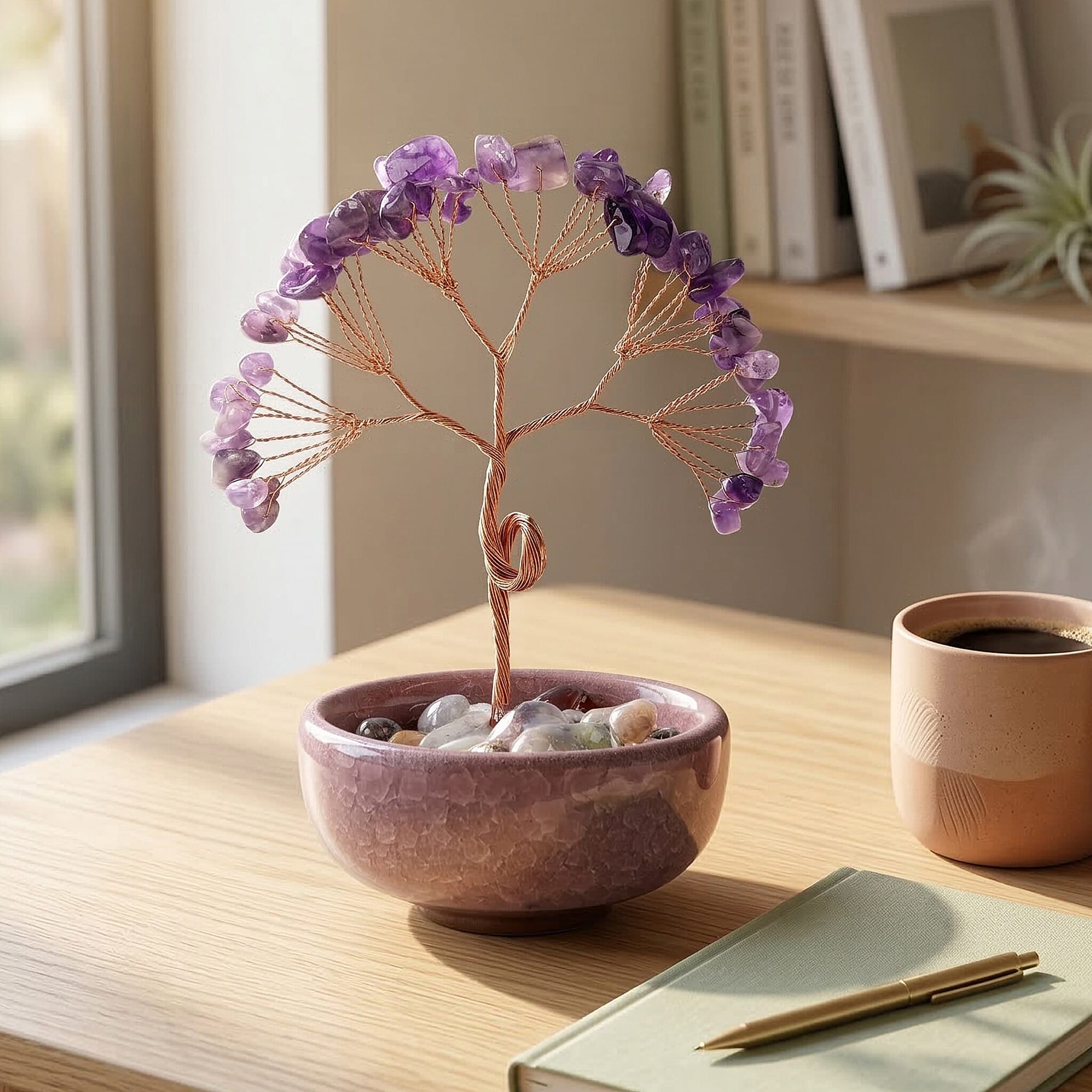 Feng Shui Amethyst Crystal Money Tree Ornament with Ceramic Pot(11cm) - Purple