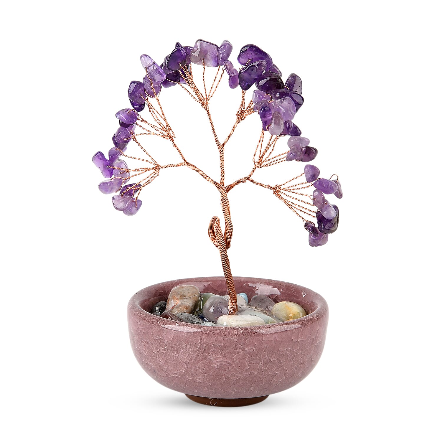 Feng Shui Amethyst Crystal Money Tree Ornament with Ceramic Pot(11cm) - Purple