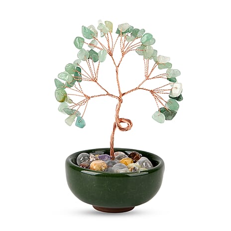 Feng Shui Green Aveturine Crystal Money Tree Ornament with Ceramic Pot (11cm)