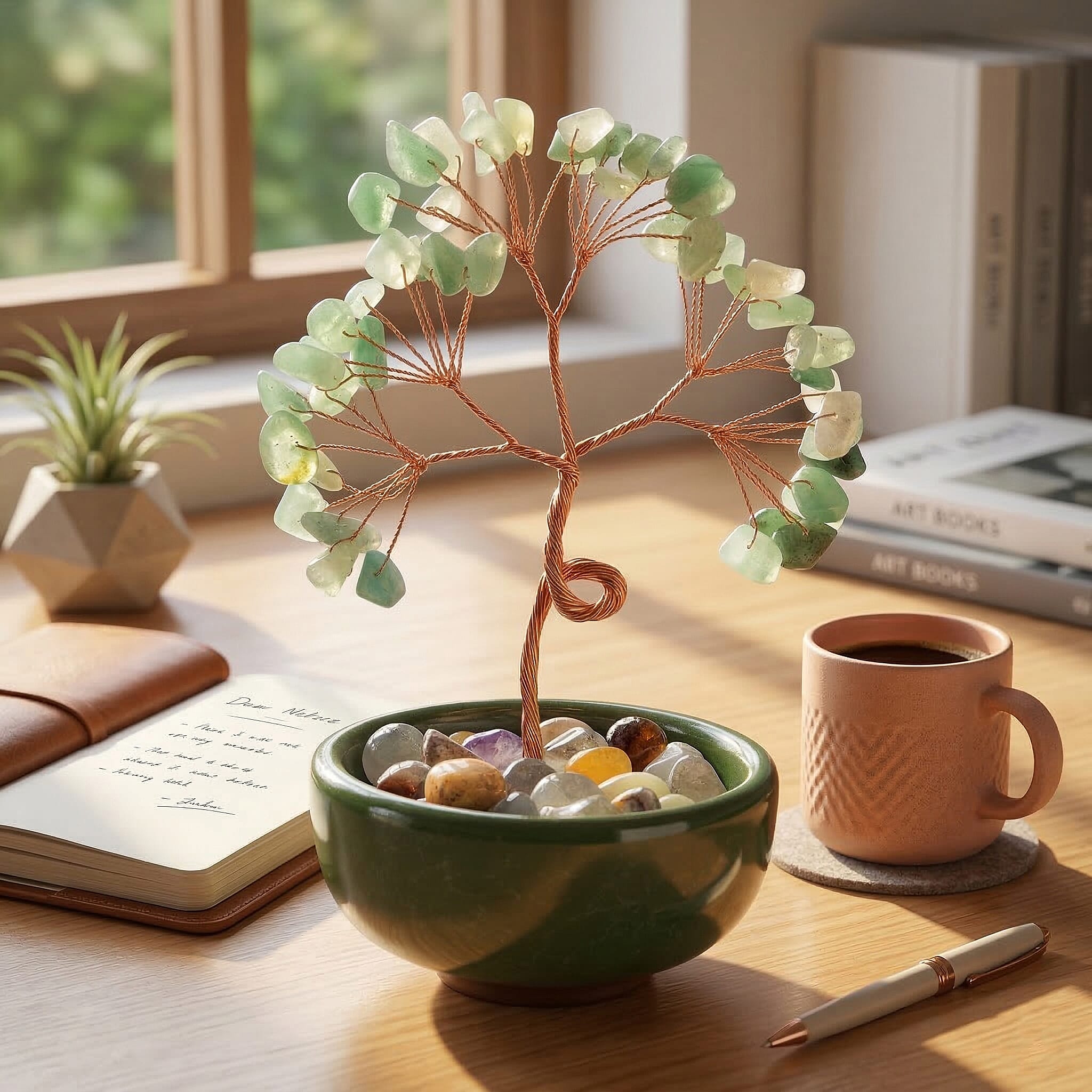 Feng Shui Green Aveturine Crystal Money Tree Ornament with Ceramic Pot (11cm)