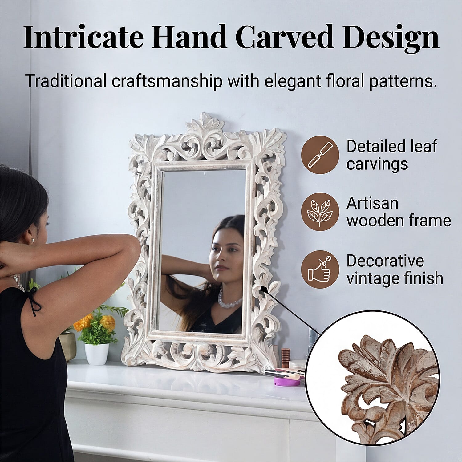 Bliss and Beyond Hand Carved Mirror (45 x 60 cm) - White Antique