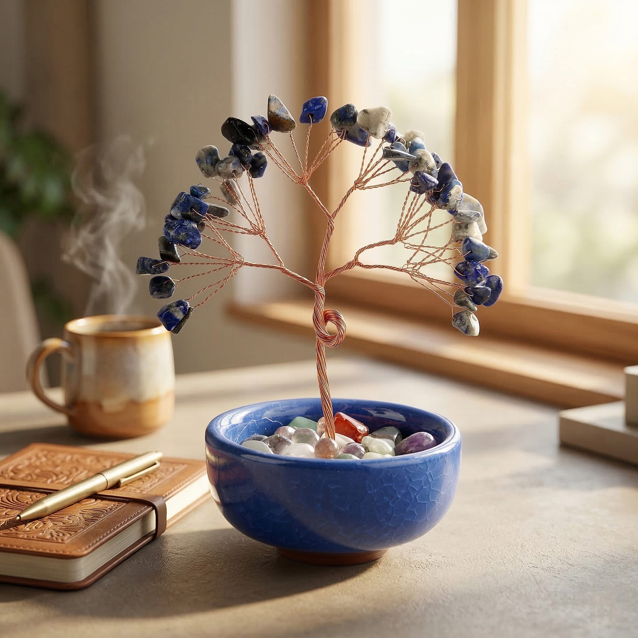 Feng Shui Lapis Crystal Money Tree Ornament with Ceramic Pot(11cm) - Blue