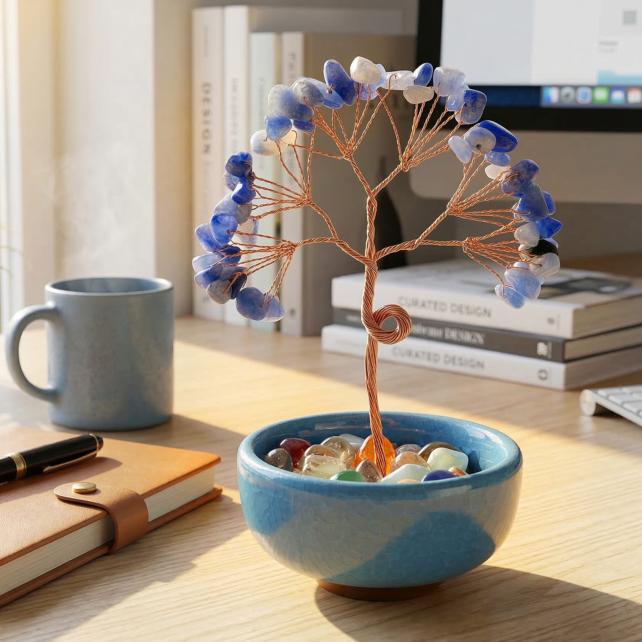 Feng Shui Blue Aveturine Crystal Money Tree Ornament with Ceramic Pot(11cm) - Light Blue